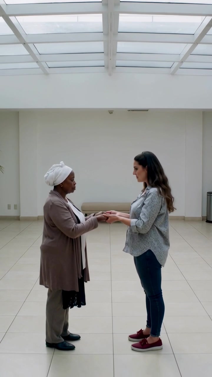 Video verticale: Due donne che si stringono le mani unendo i palmi in un atrio illuminato dal lucernario, offrendo conforto