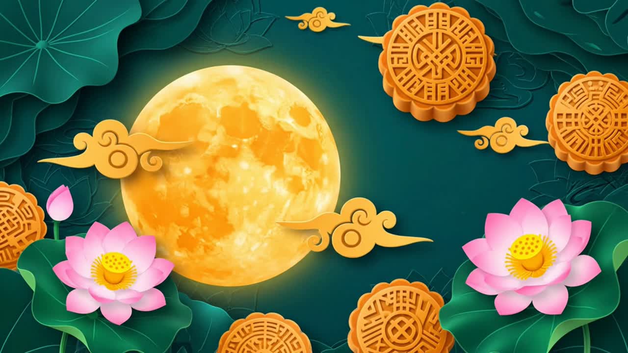Mid-Autumn -juhlan design täysikuulla, kuukakuilla ja lootuskukilla