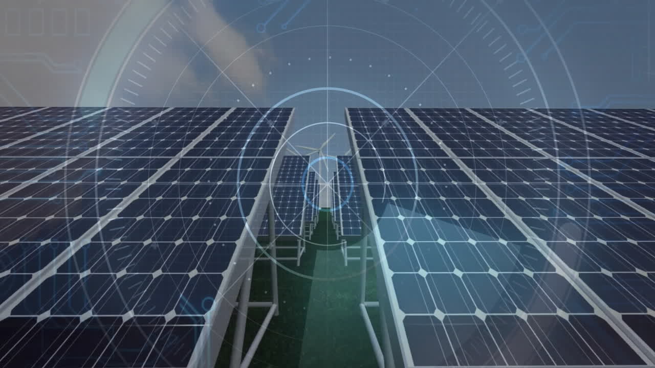 Solar panels with animation overlay showcasing renewable energy technology in action
