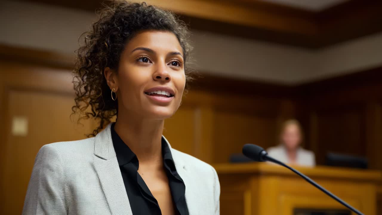 An Engaging Legal Presence: A Confident Woman in a Courtroom Setting Demonstrating Professionalism and Commitment During a Critical Legal Proceeding