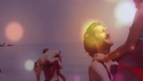 at beach, couples with colorful light effects, creating playful animation moments