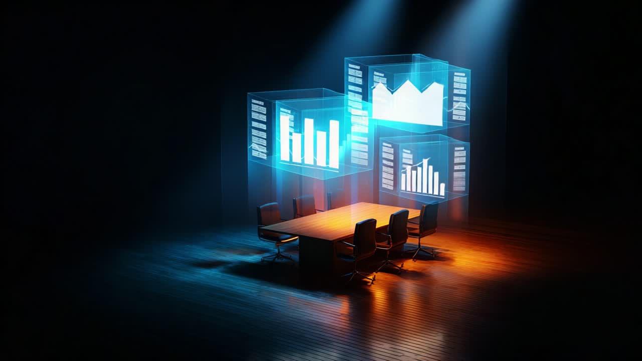 Et moderne konferanserom med et opplyst trebord omgitt av stoler, forsterket av holografiske dataskjermer som viser finansielle diagrammer og statistikk i et mørkt miljø