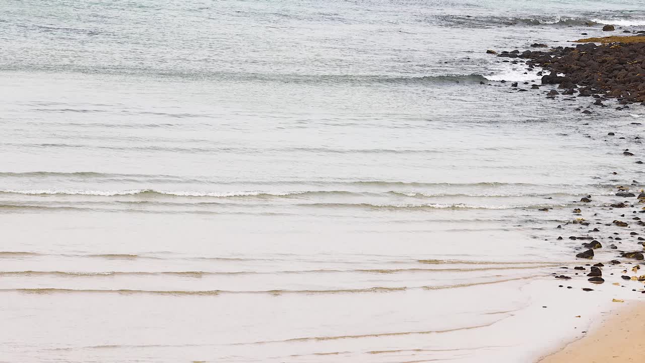 Calm waves roll onto a sandy beach with rocky shoreline under soft daylight at Barwon Heads, Australia