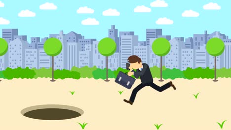 business man jump over the hole. background of town. risk concept. loop illustration in flat style.