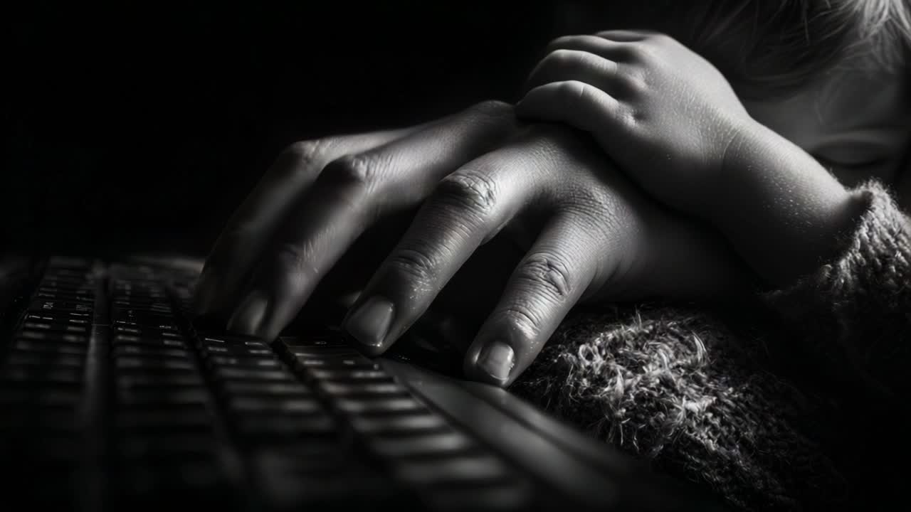 A Captivating Moment of Connection: A Parent's Hand Gently Covers a Child's Small Hand on a Keyboard, Emphasizing Love and Protection in a Digital Age