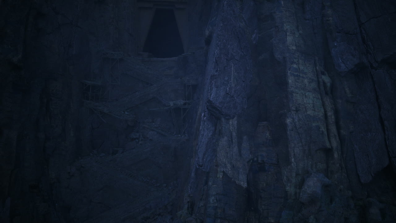 Dark subterranean tunnel illuminated by shades of blue and moonlight