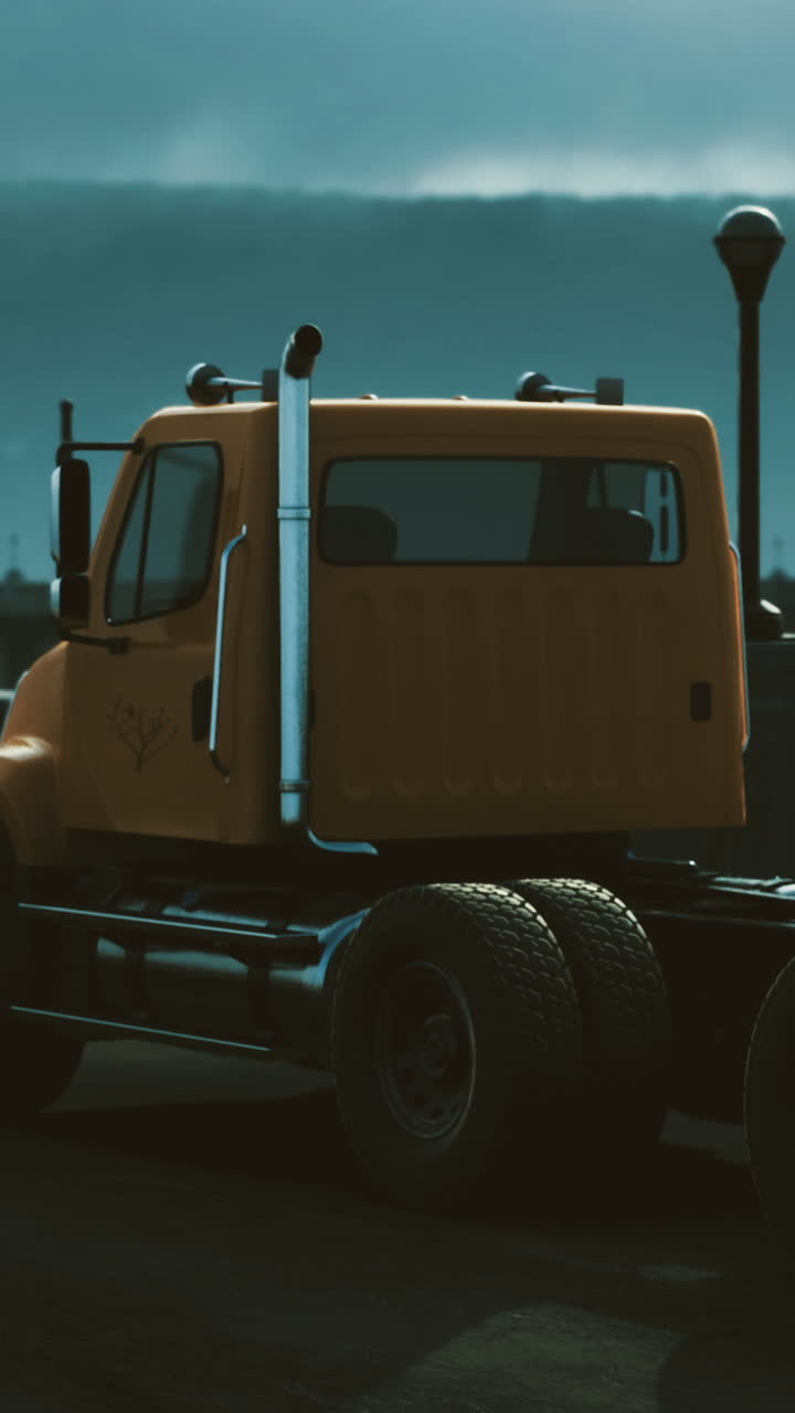 Heavy duty truck travels along a coastal road under cloudy skies in the evening