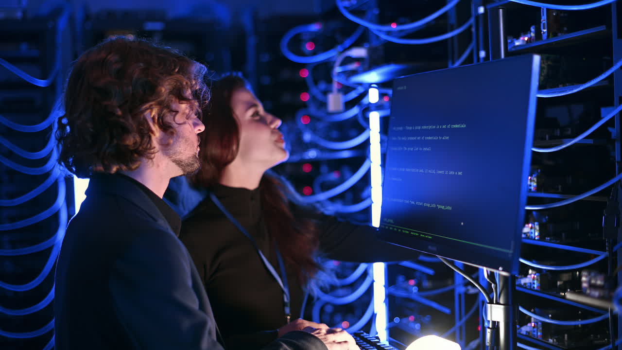 A man and a woman programming in a server room