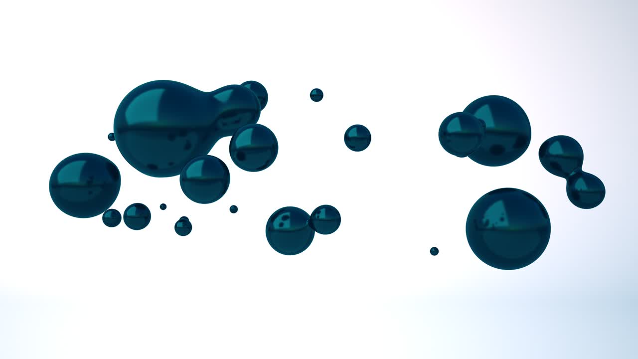 3D animation of the merge balls, drops of oil in a single bowl, a sphere, a big drop. Emerald color, white background, looped video