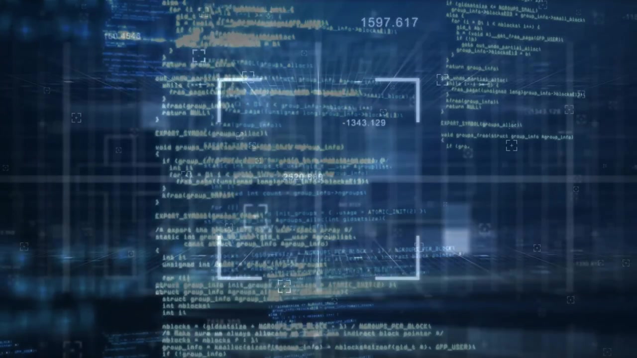 Opening dark blue grid, white scanning frame bracketing shifting code blocks, highlighting segments