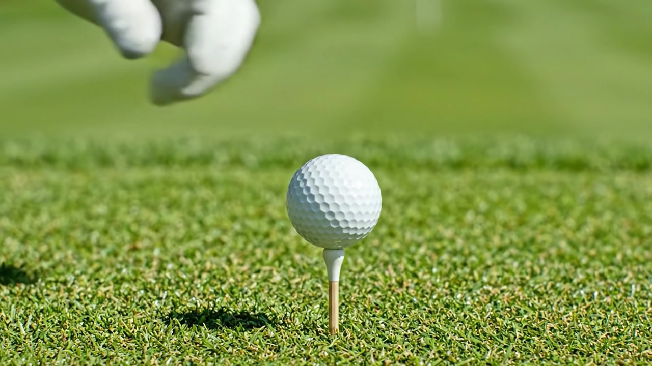 Un golfista si prepara al tee shot: la perfetta preparazione della pallina da golf sul green, catturando l'emozione e la precisione dell'inizio del gioco con una posizione della mano attenta.
