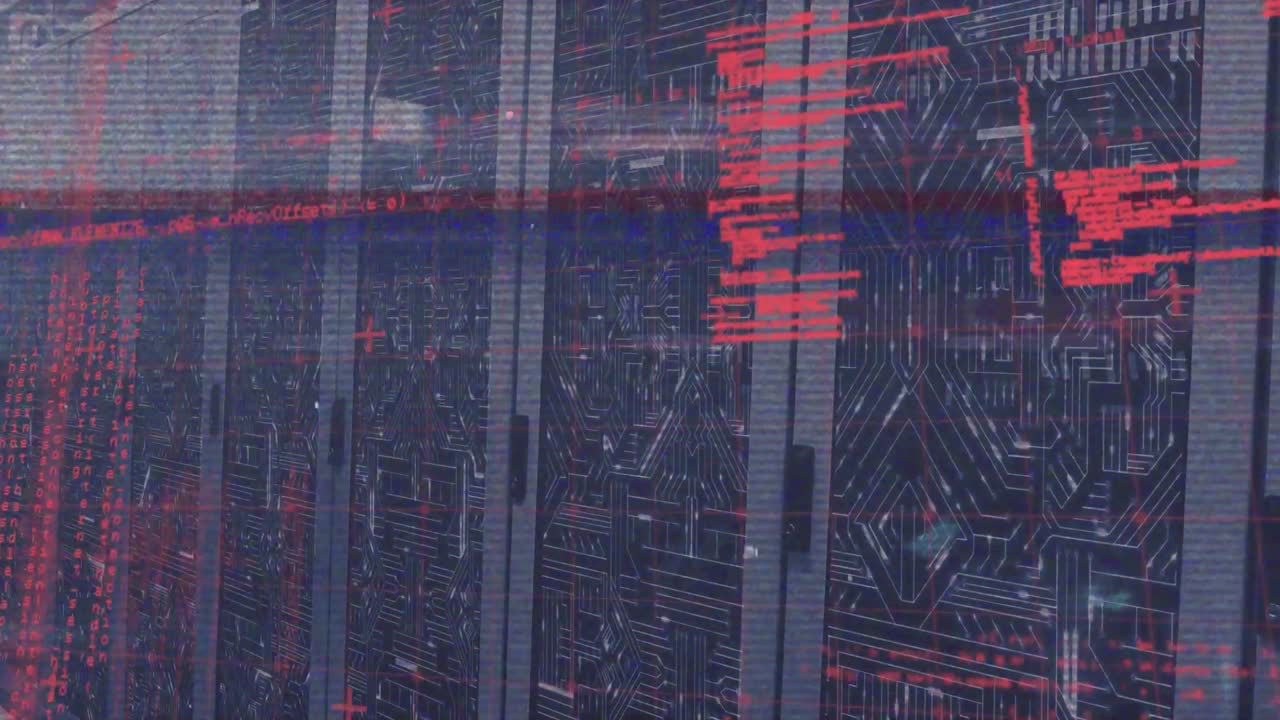Animation of glitch technique, computer language and circuit board pattern on server room