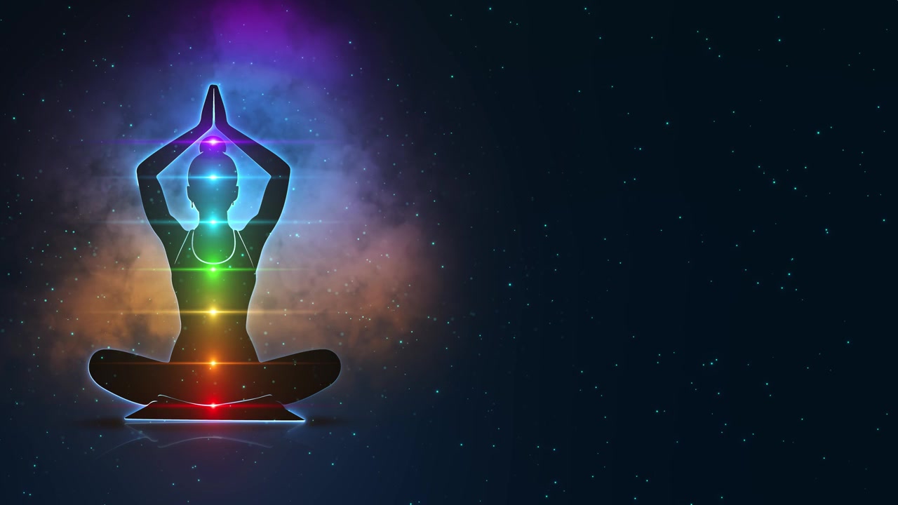 Yoga e pratica spirituale, visualizzazione di luci brillanti e colorate di energia corporea che emergono e scompaiono