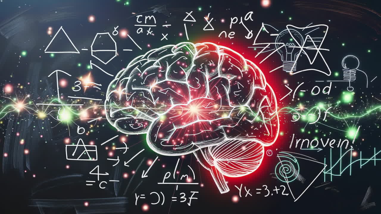 Abstract Brain with Scientific Formulas and Glowing Connections