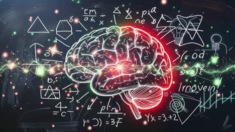abstract brain with scientific formulas and glowing connections