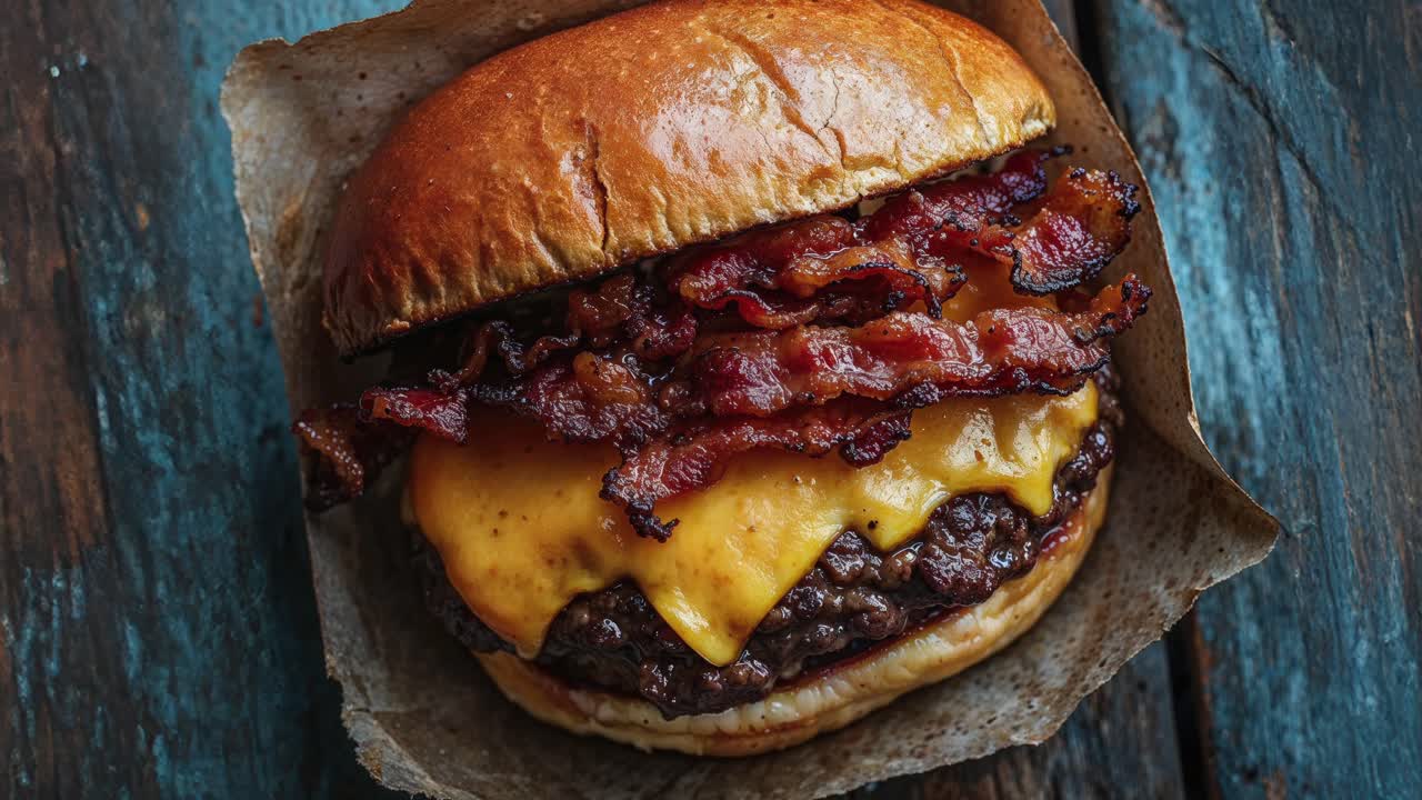 un primer plano de una deliciosa hamburguesa con queso y tocino.