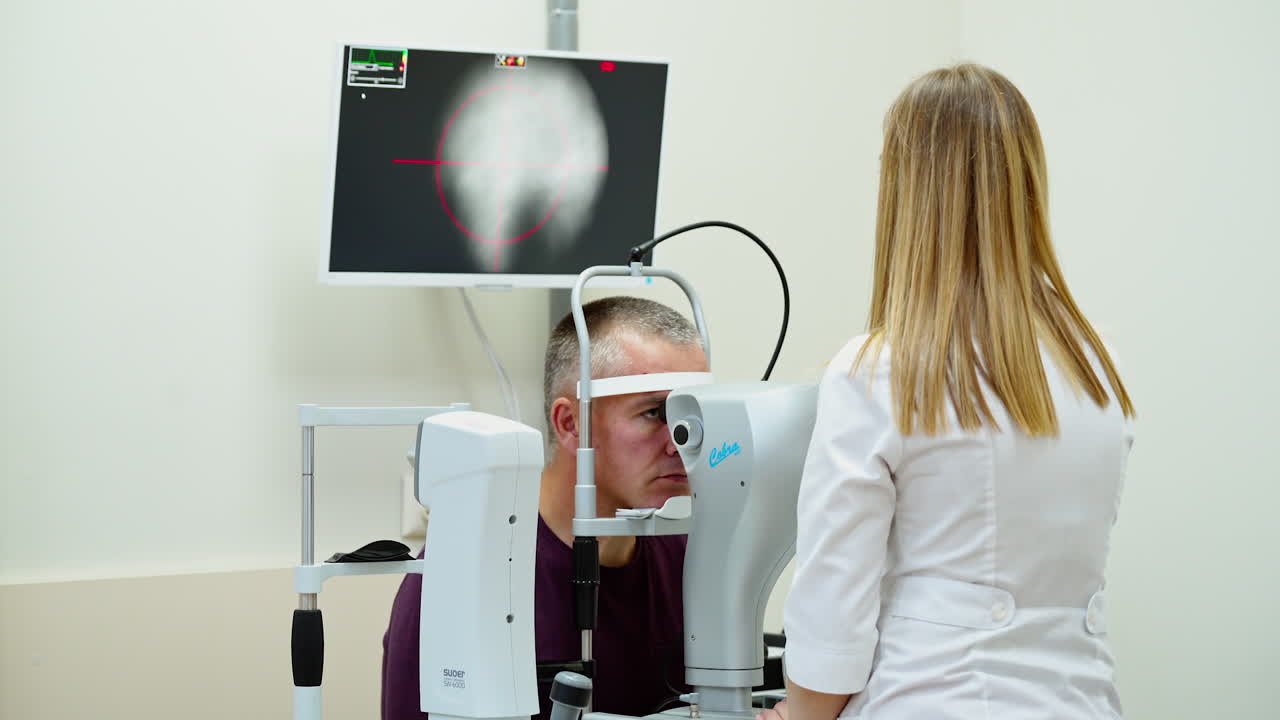 Ophthalmologist checks the eyes. Oculist cheking patient vision with medical equipment