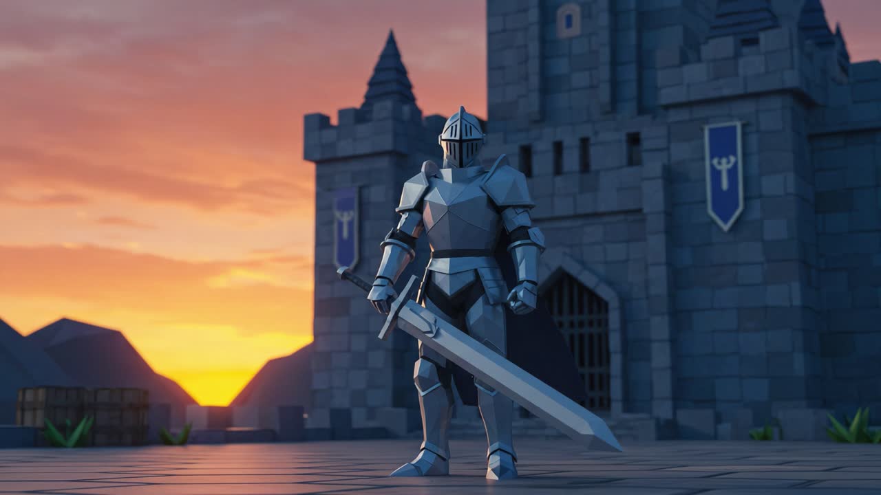 A heroic knight stands valiantly before a majestic castle, illuminated by a breathtaking sunset, embodying courage and strength in a fantastical setting