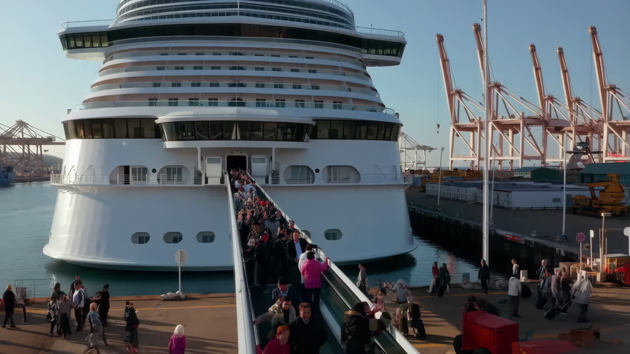 Passengers boarding a large cruise ship at a busy port