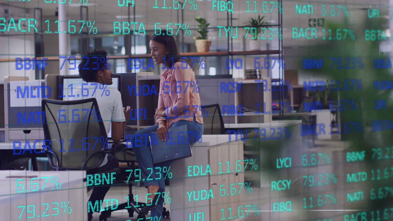 Animation of data processing over diverse business people in office