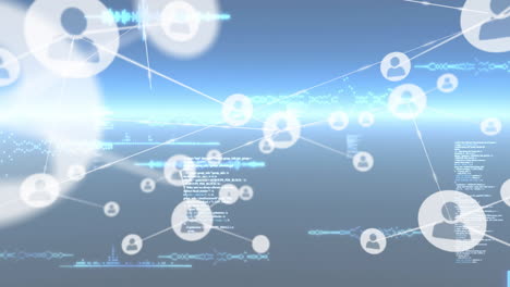 animation of network of connections with icons over data processing on black background