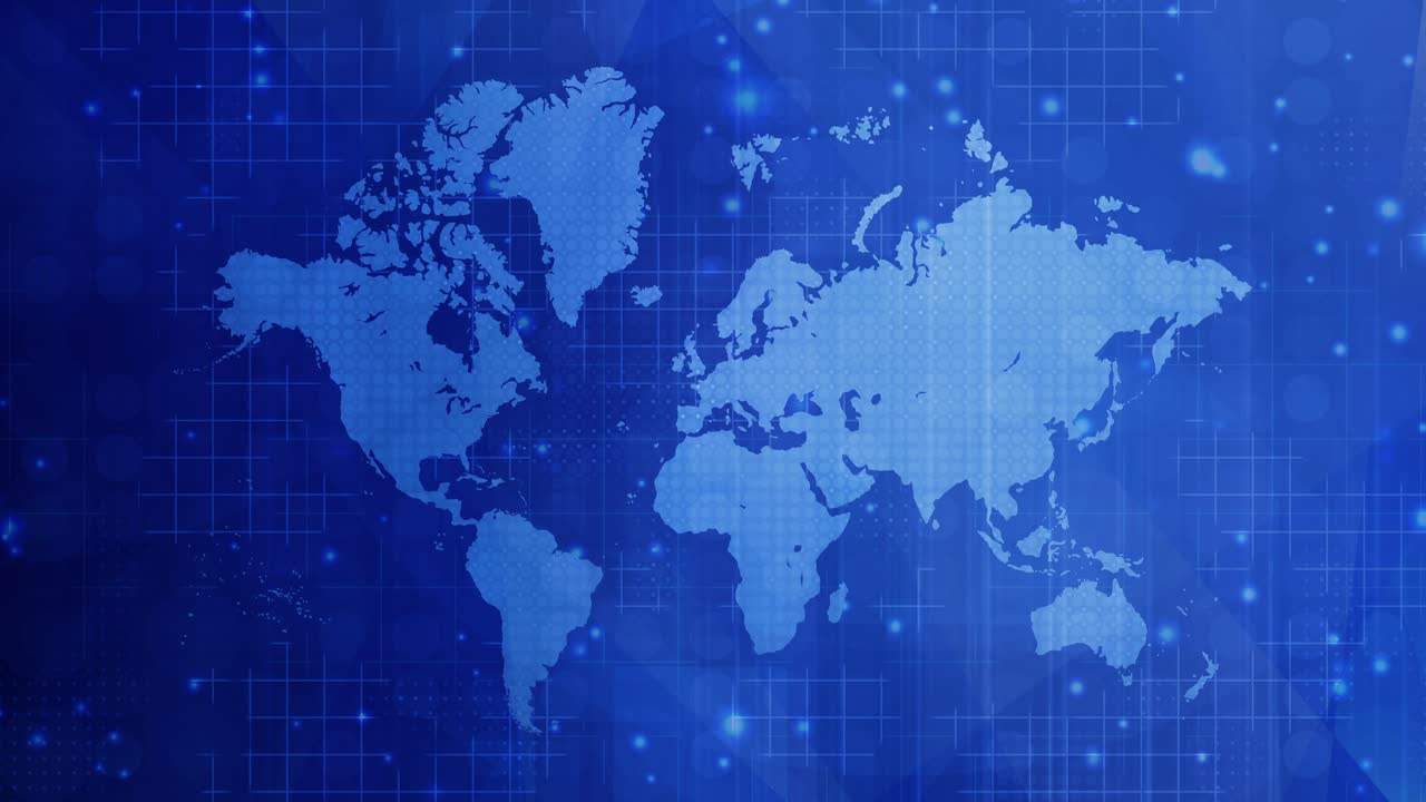 Loopable blue world map background with digital grid overlay and glowing lights for international business technology network communication and global data visualization presentations