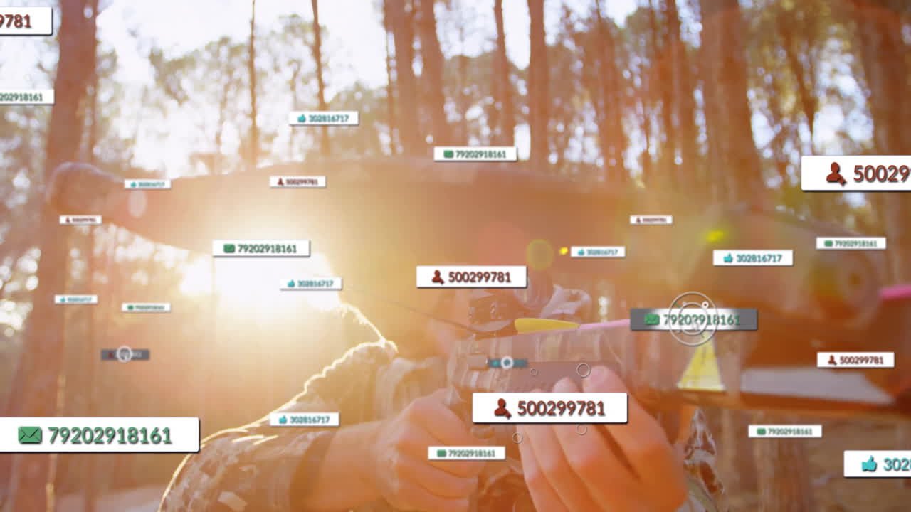 Male archer aiming crossbow in sunlit forest, with floating AR metrics and user count icons