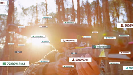 male archer aiming crossbow in sunlit forest, with floating ar metrics and user count icons