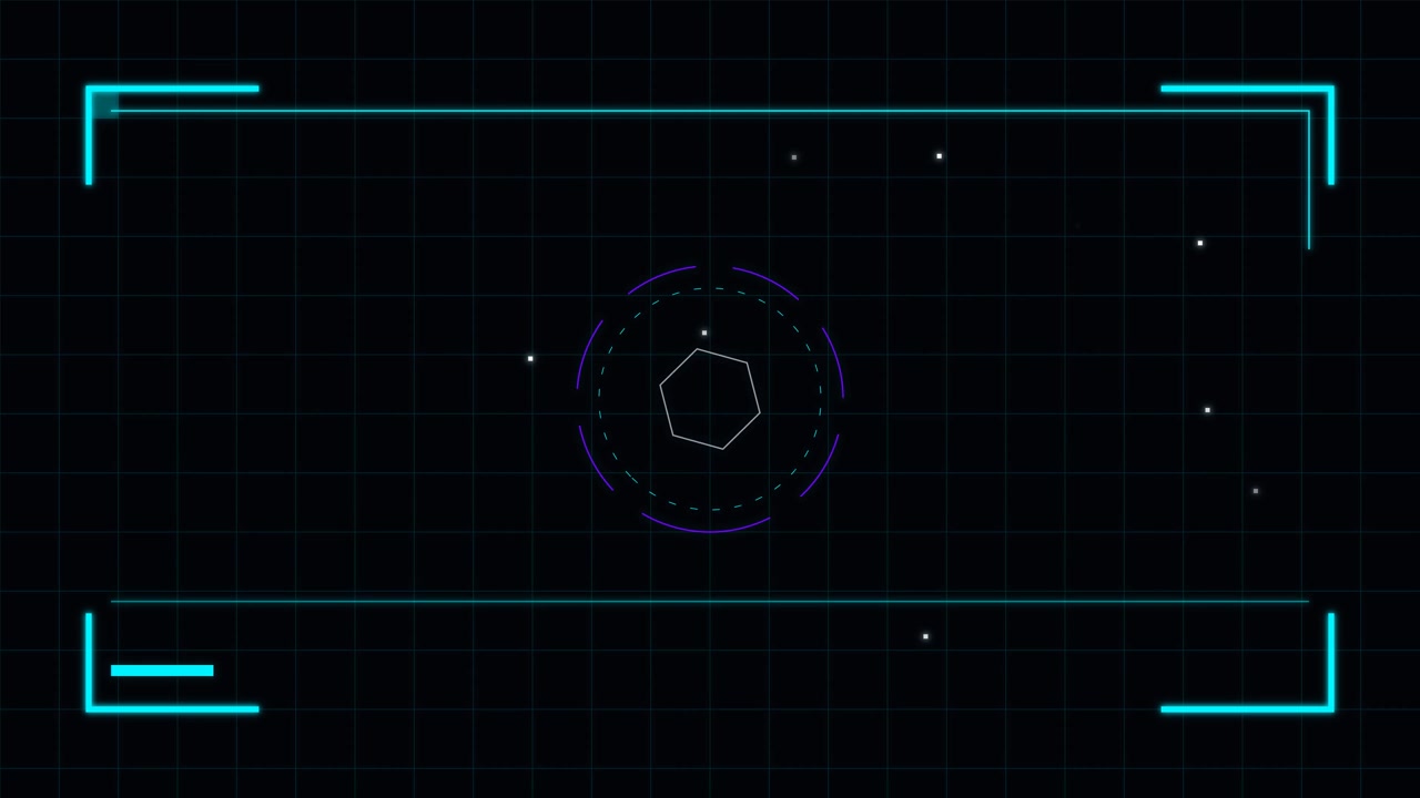 Futuristic Digital HUD Interface with Rotating Hexagon and Grid