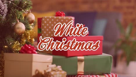 animation of christmas greetings text over christmas presents and decorations