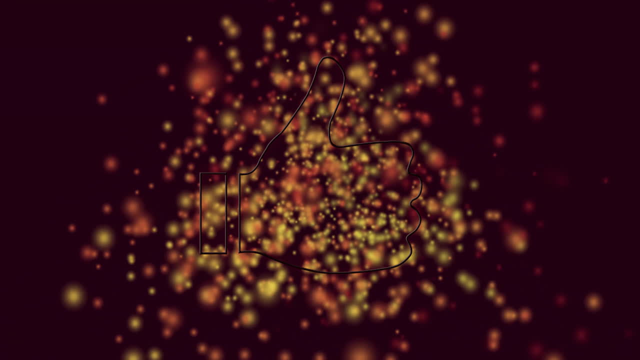 Animation of red thumbs-up outline with glowing particles on dark background