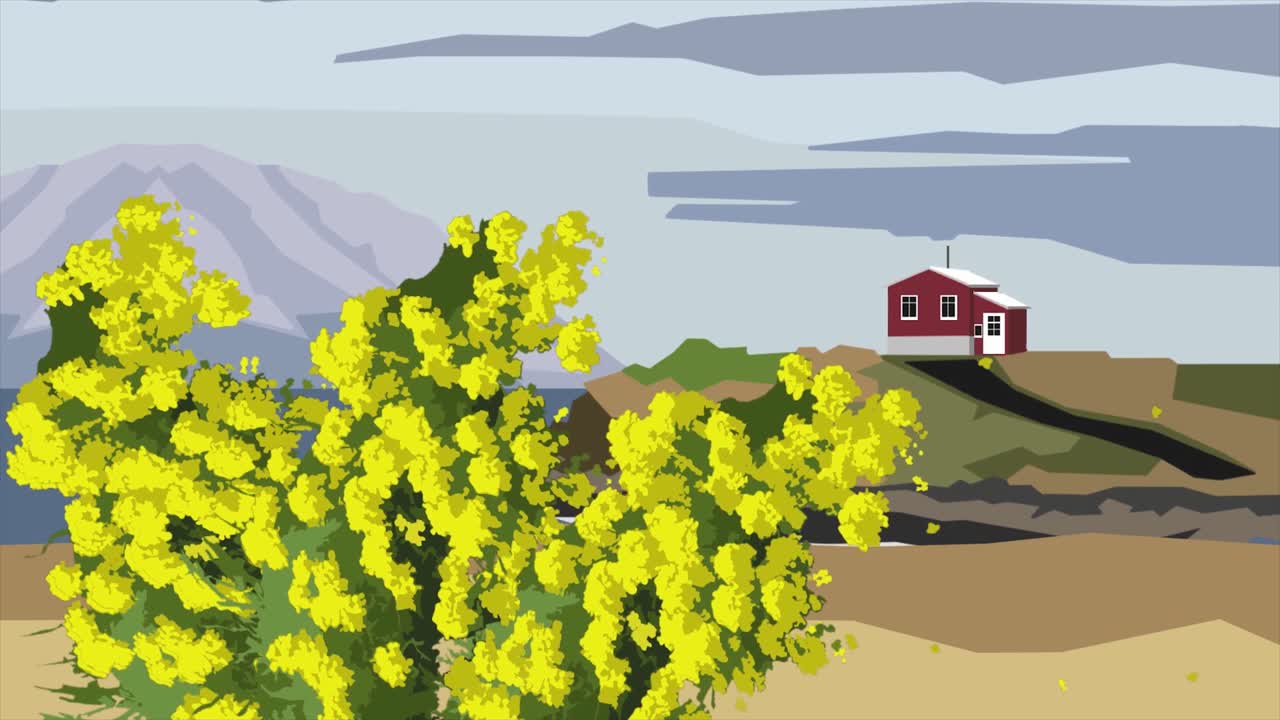 산, 하늘, 구름의 배경에 노란 꽃 덤불이 있는 빨간색 집.