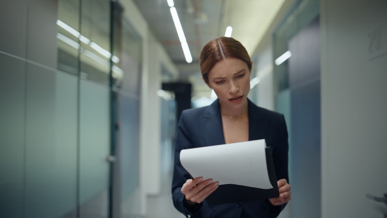 Company leader holding papers strolling grey corridor flipping contracts closeup