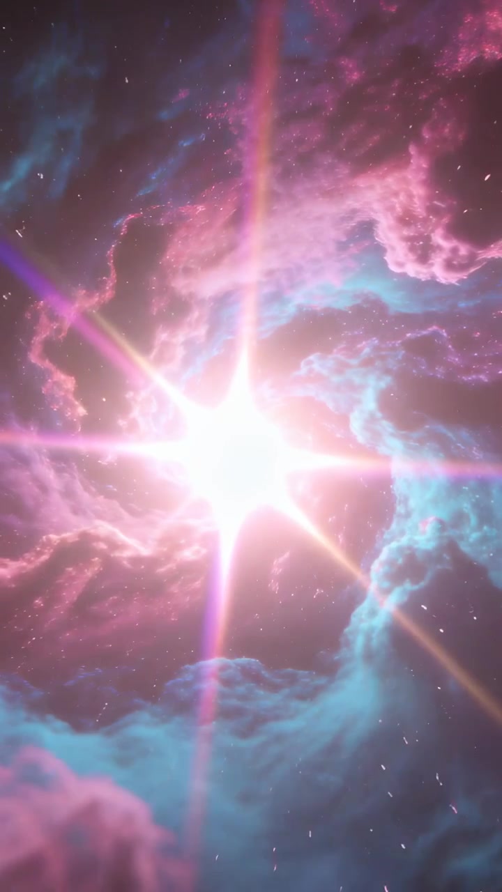 Video verticale: La telecamera zooma nel nucleo a spirale di una nebulosa spaziale che si illumina ed emette un'esplosione stellare.