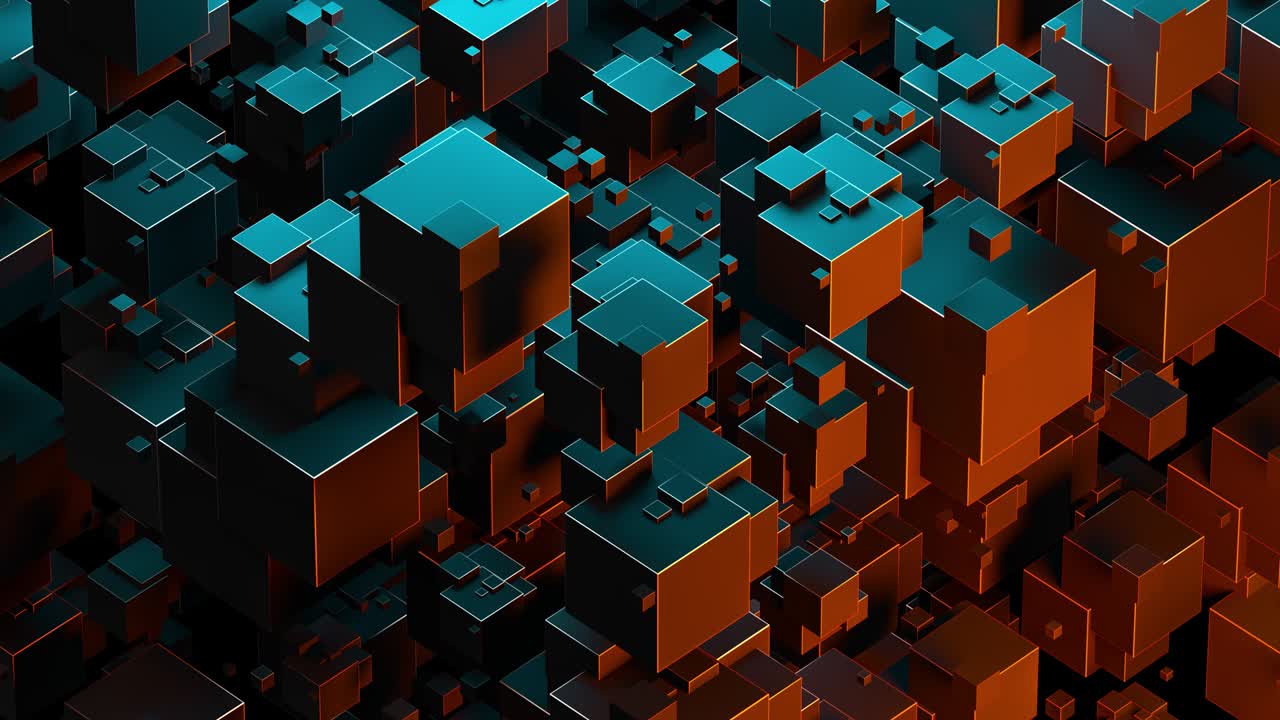 fondo abstracto creativo con formas geométricas giratorias. figuras transformadoras, diseño moderno de moda, estructura de bloques. composición de tecnología digital, colores de neón. bucle sin costuras 4k