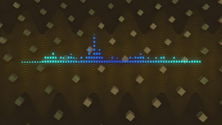 Animation of glowing blue pixel audio level meter over rotating cubes on dark background