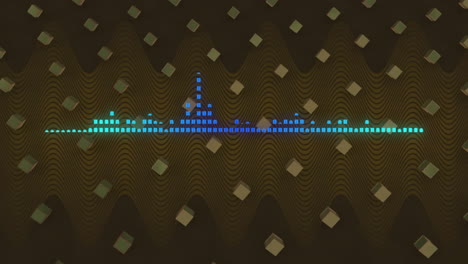 animation of glowing blue pixel audio level meter over rotating cubes on dark background