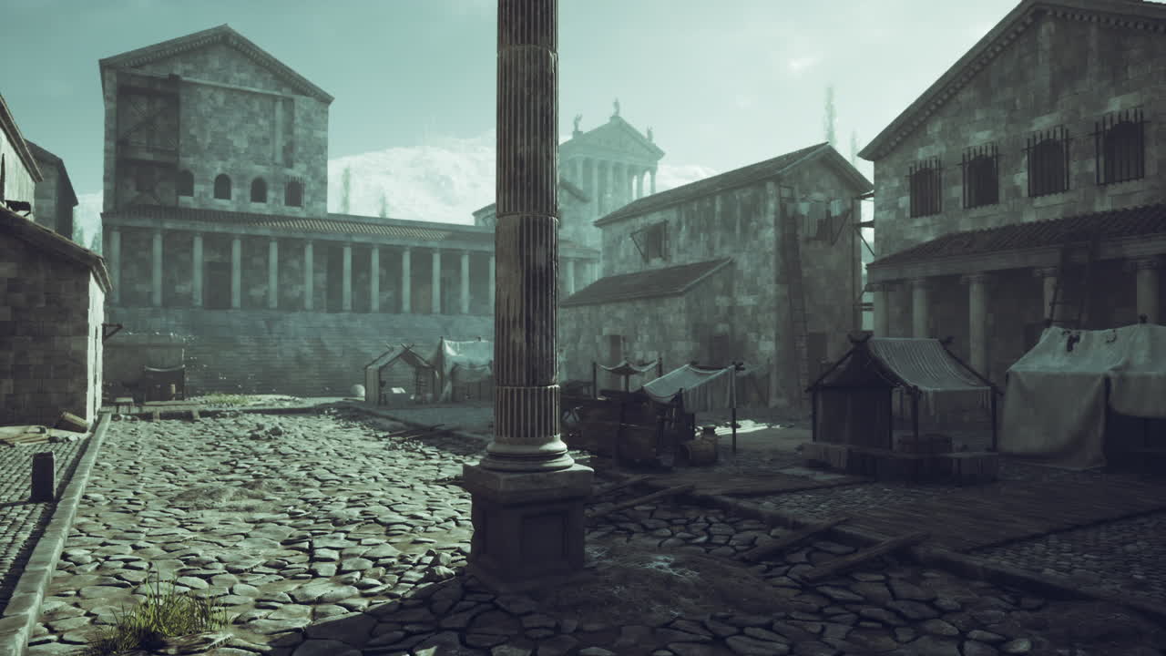 Historical marketplace with ancient architecture under soft morning light