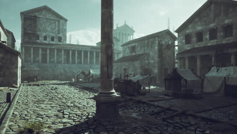 historical marketplace with ancient architecture under soft morning light