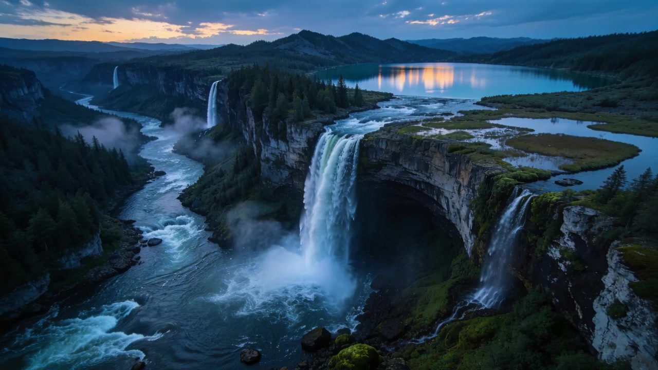 Drone che registra in discesa, mostrando la cascata principale che si getta nel canyon al tramonto, catturando il bagliore del lago