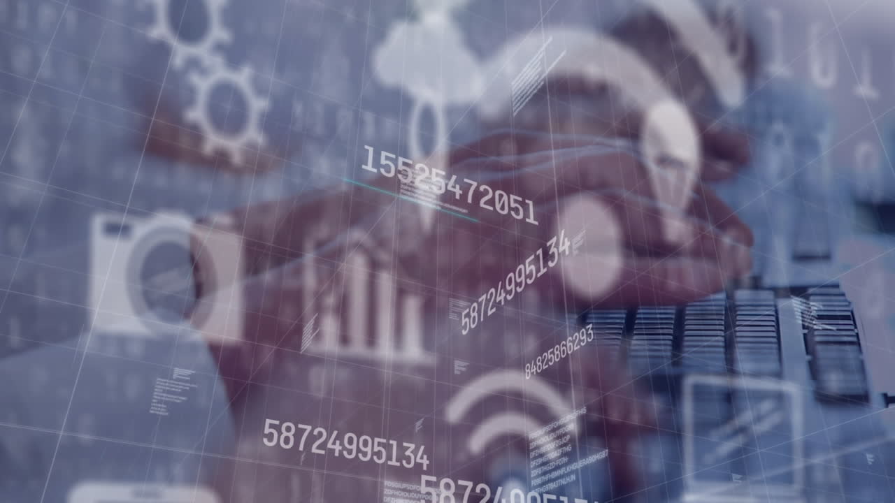 animación de números e iconos sobre un grupo de empresarios que trabajan