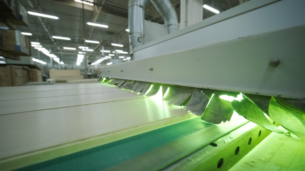 Wood Panels Moving Along Automated Conveyor Belt in Factory