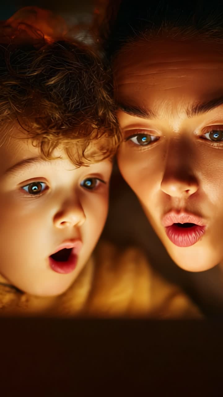 Una madre e suo figlio condividono un momento di gioia mentre guardano qualcosa di interessante su uno schermo. Le loro espressioni passano dalla meraviglia alla gioia in questa scena incantevole.