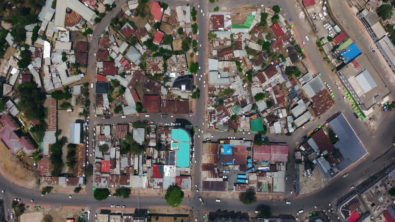 Above View Of Traffic On Gondar City Streets In Northern Ethiopia. Aerial Drone Shot
