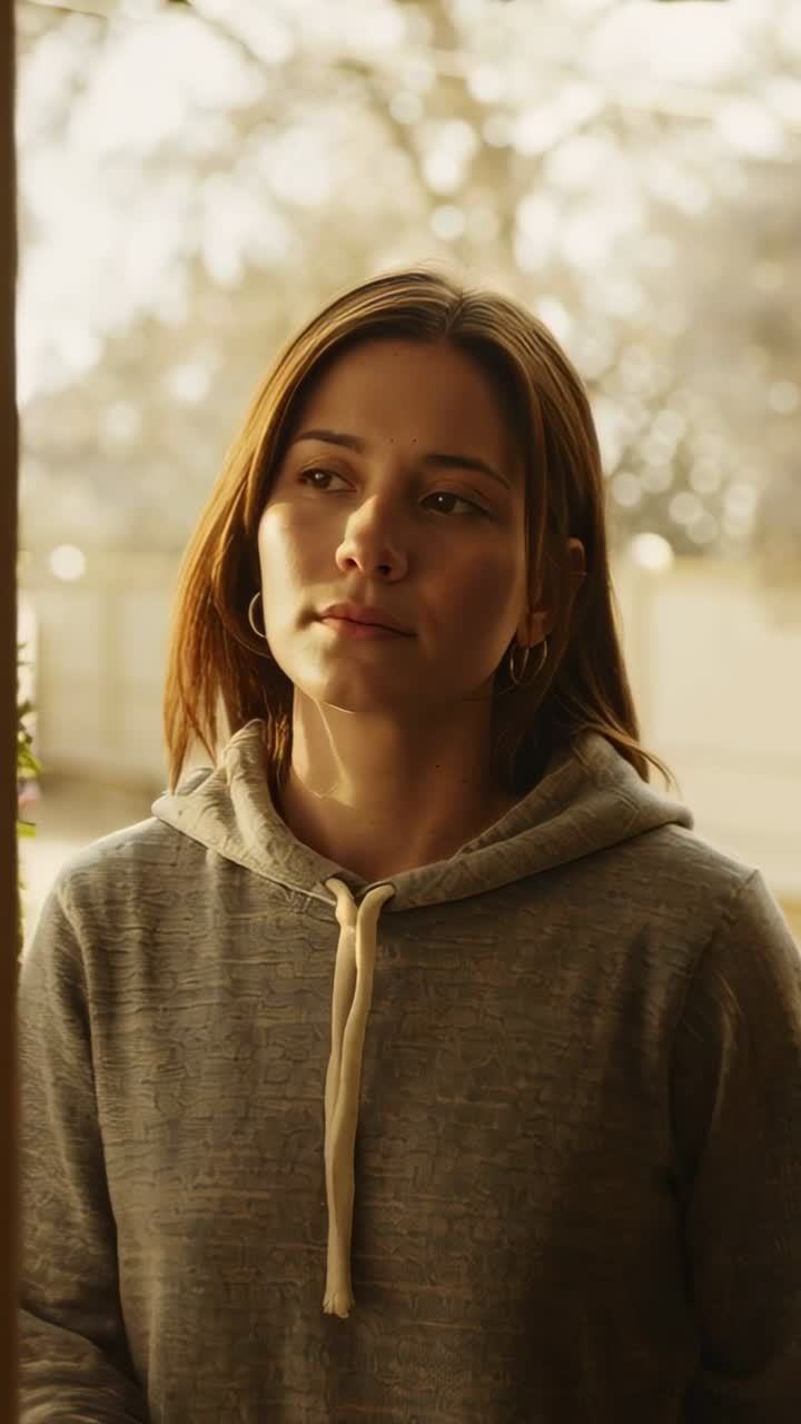 Vertical video: Hearing distant sound, woman tilting head and leaning at front doorway, gray hoodie