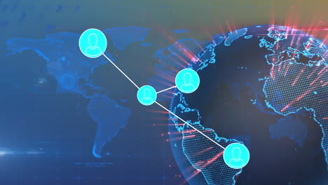 animación de la red de iconos de perfil y senderos de luz sobre el globo y procesamiento de datos en el mapa del mundo.