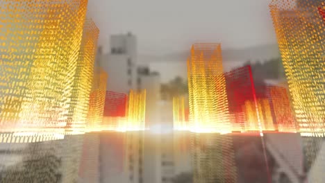 animation of glowing 3d architecture city drawing over cityscape