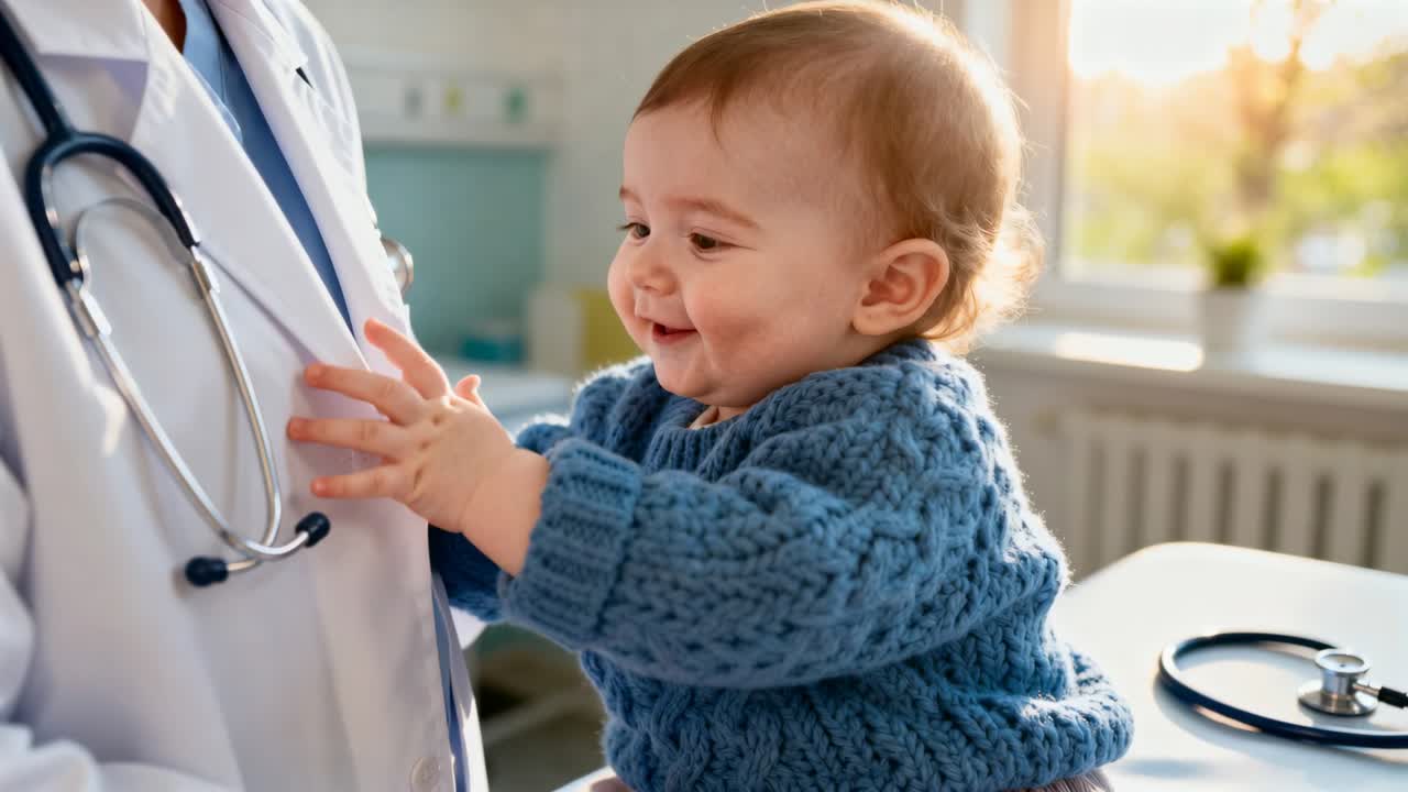 Un neonato con un maglione blu nota uno stetoscopio e si allunga toccando un camice bianco su un lettino da visita, esplorando.