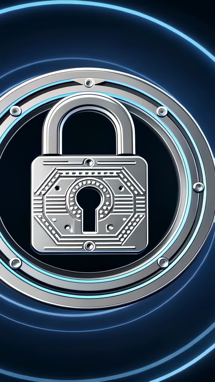 Vertical video: Metal padlock icon appearing in dark UI, blue rings rotating, circuit lines pulsing
