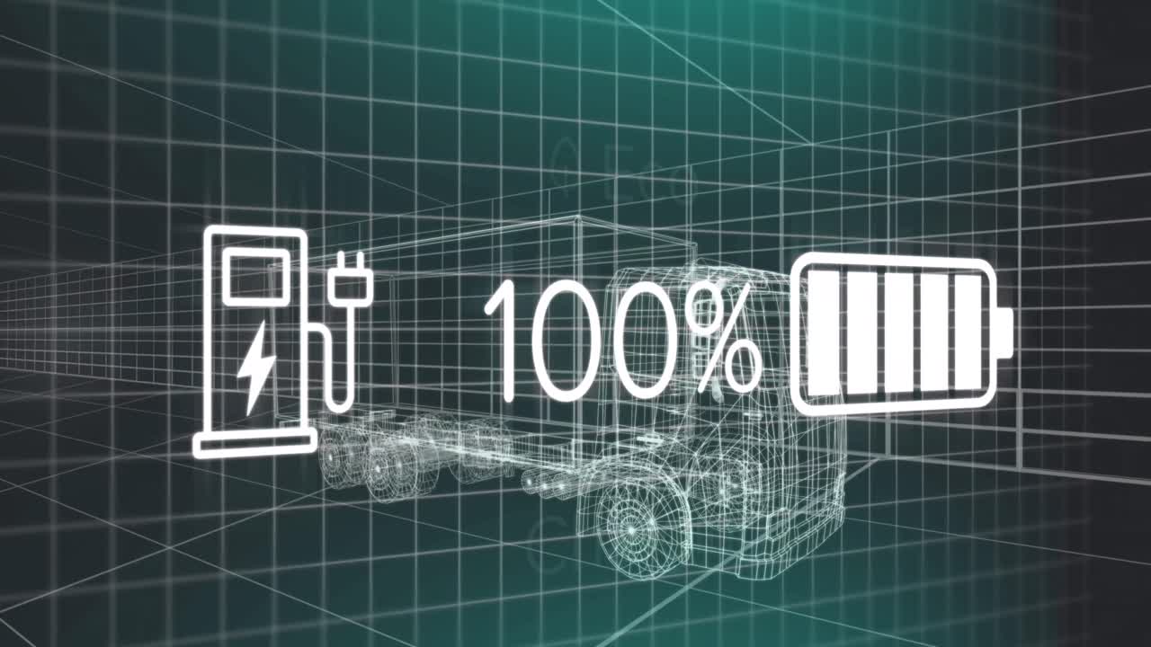 Animation of charge status data on electric vehicle interface, over 3d truck model